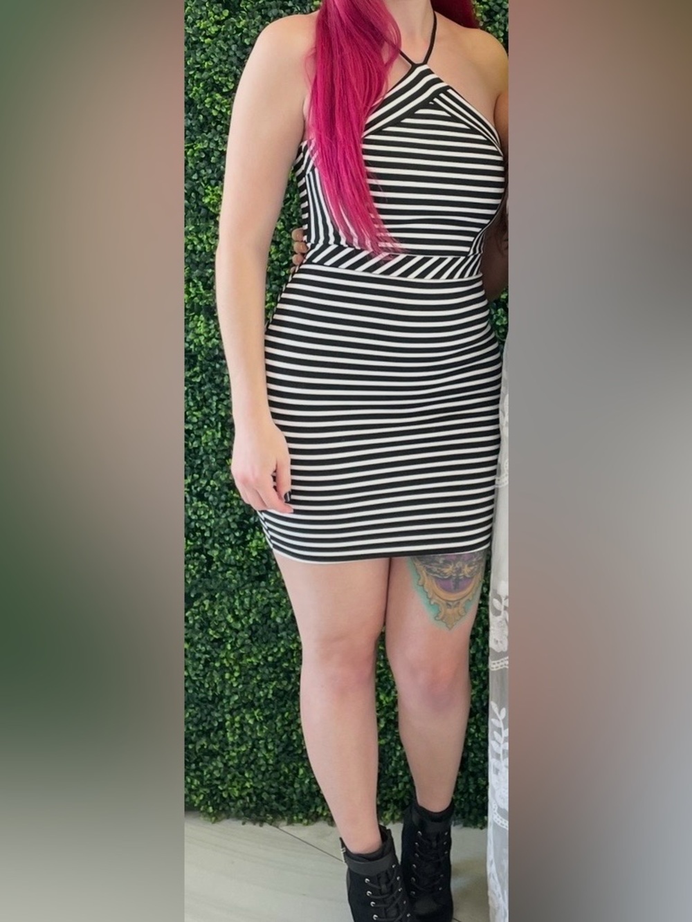 Dynamite Black and White Striped Halter Mini Dress